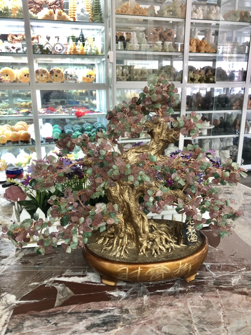 Cây tài lộc bonsai phong thủy đá thạch anh dâu tây đỏ và xanh - Cao 40 cm