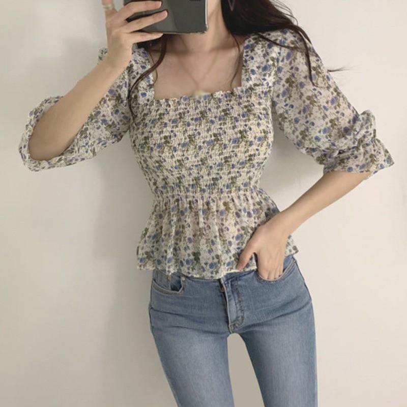 Áo Kiểu Vải Voan Tay Ngắn Cổ Vuông In Hoa Xinh Xắn Cho Nữ