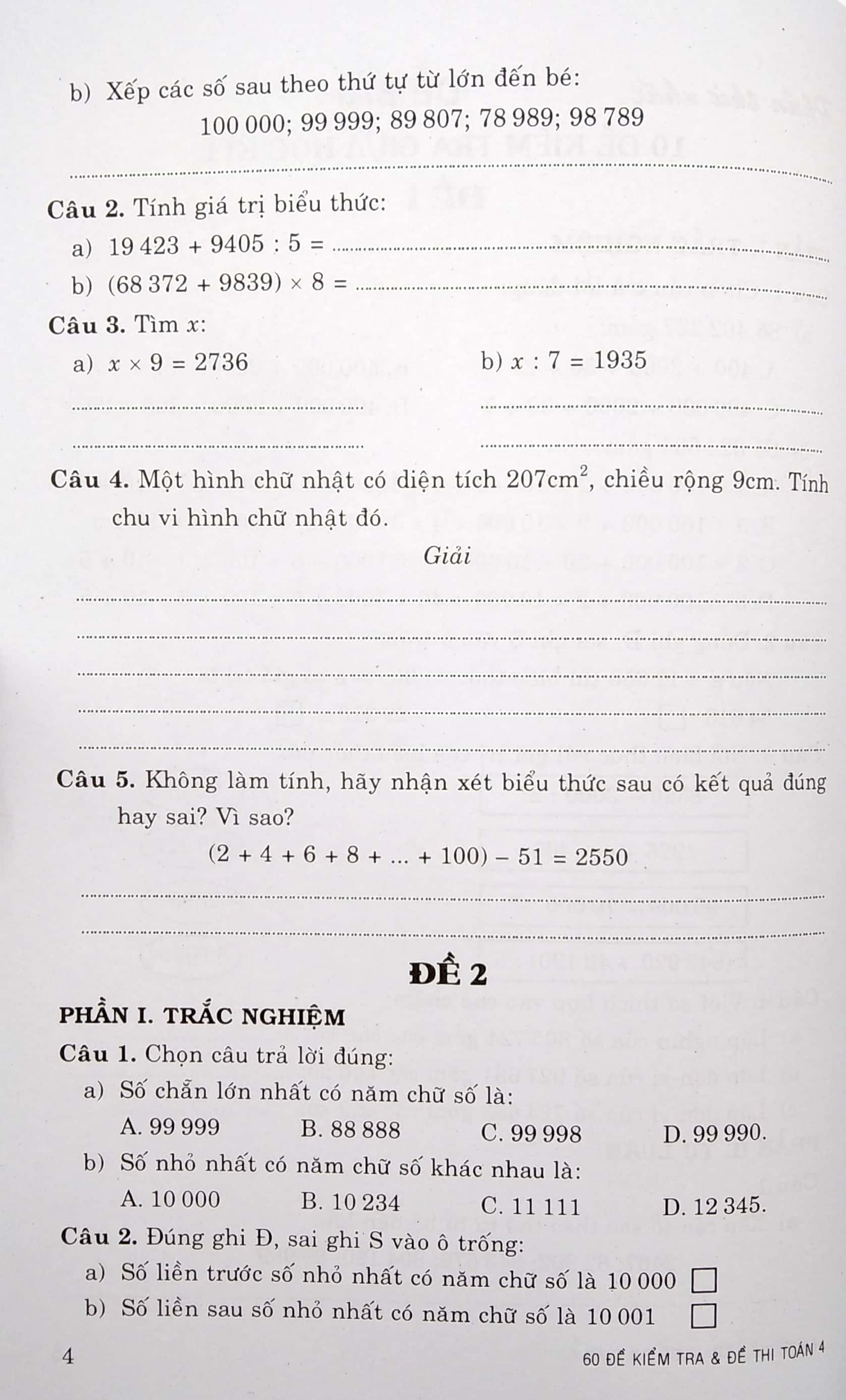 60 Đề Kiểm Tra Và Đề Thi Toán Lớp 4