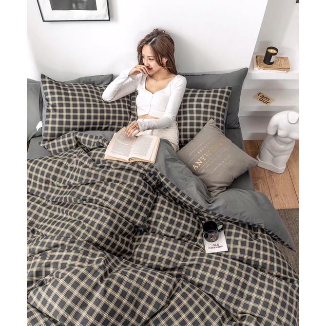Set Cotton Living 100%cotton Hàng Nhập Khẩu 4 Món Kẻ Đen Vàng Đơn Giản
