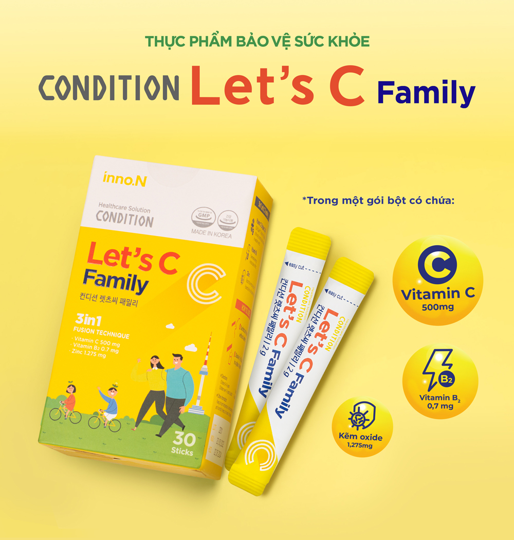 Thực phẩm bảo vệ sức khỏe CONDITION LET’S C FAMILY Bổ sung Vitamin C, Kẽm và Vitamin D - Hộp 30 gói