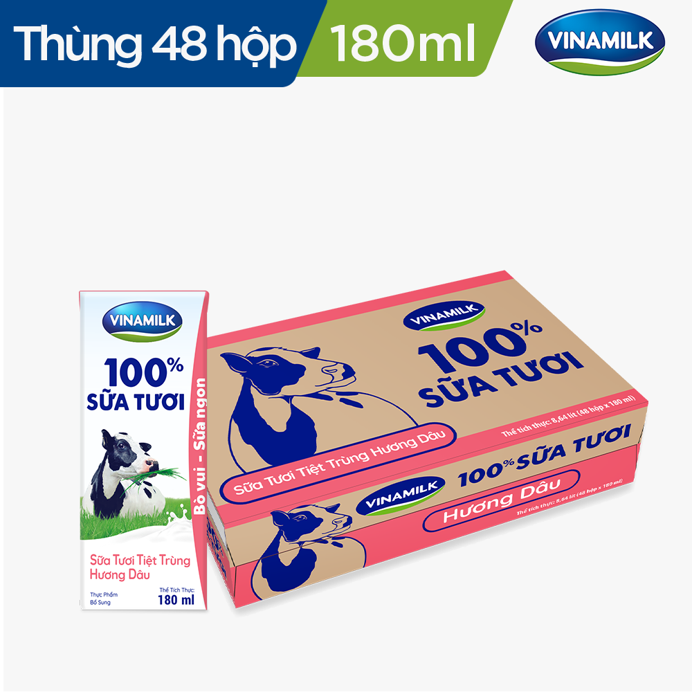 Thùng 48 Hộp Sữa Tươi Tiệt Trùng Vinamilk 100% Hương Dâu (180ml)