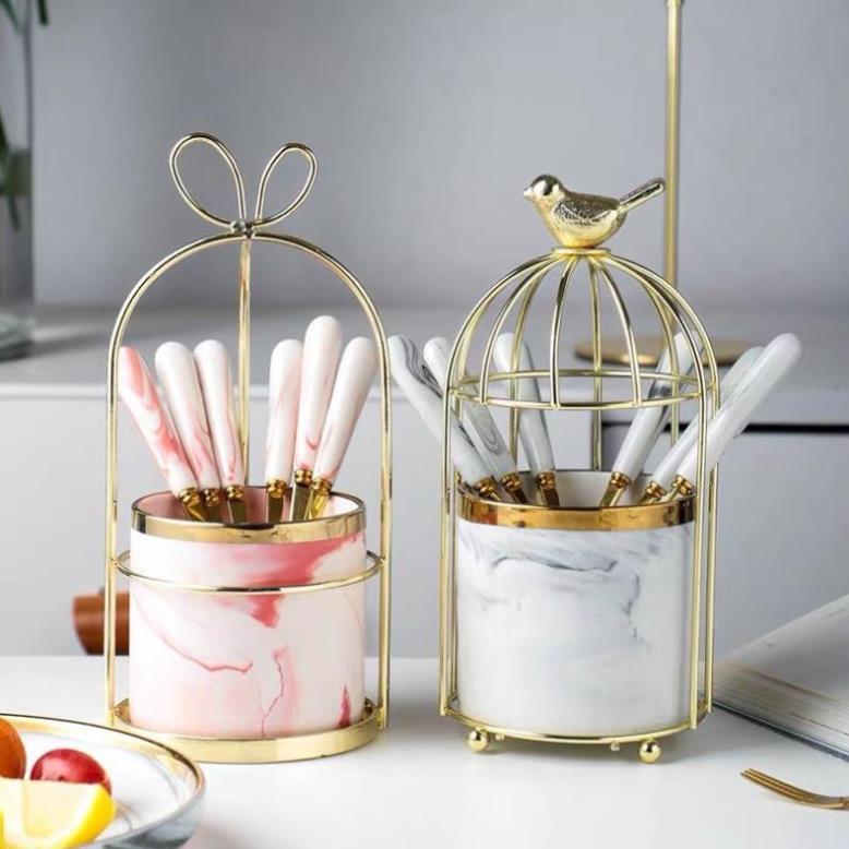 Hũ sứ lồng chim mạ vàng đựng thìa dĩa Vân đá
