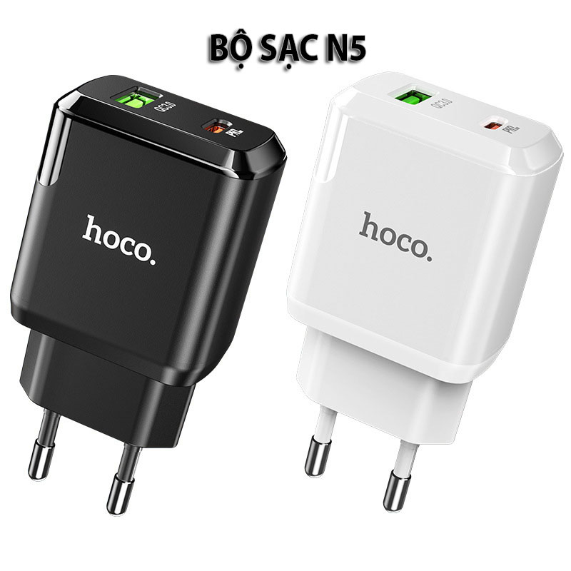 Củ sạc nhanh Hoco N5 (QC, PD 20W) cho android,iphone - Quick Chagre 3.0 -  Phích cắm EU ( chân tròn) - chất liệu PC chống cháy - Thiết kế nhỏ gọn - Hàng chính hãng