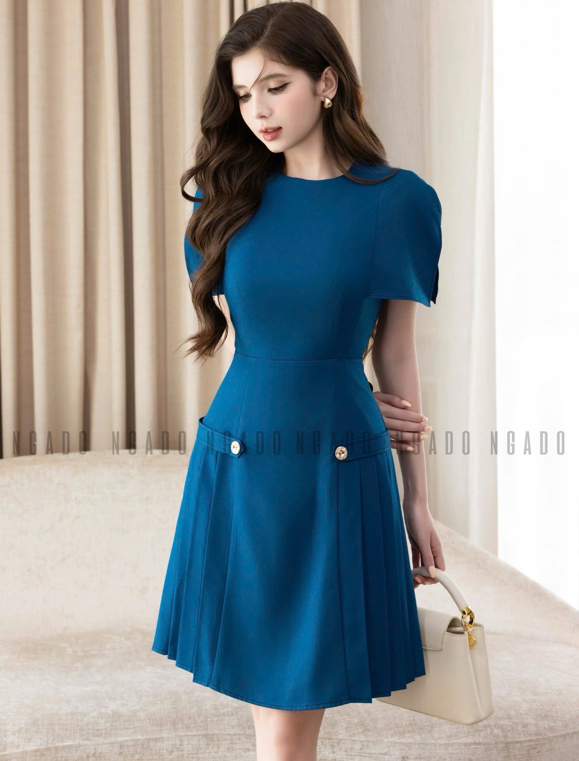 Đầm xanh cổ tròn xếp ly NGADO , đầm nữ , đầm kiểu , đầm công sở , dự tiệc