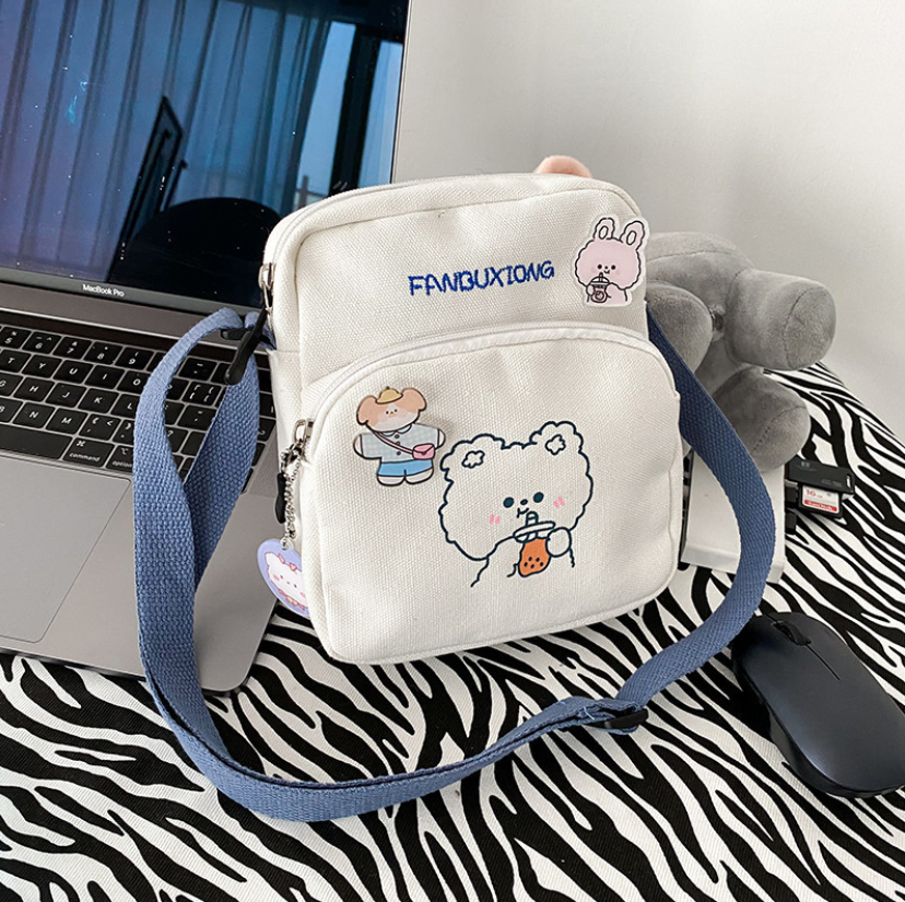 Túi chéo nữ mini vải canvas gấu thỏ trà sữa cute thời trang teen giá rẻ