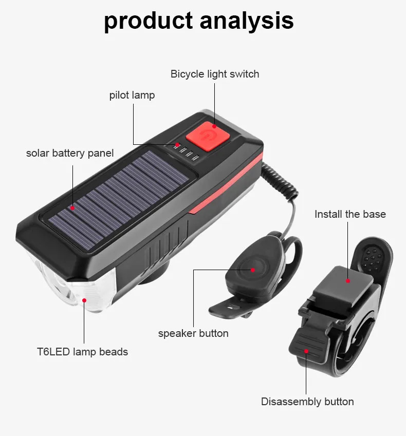 Năng Lượng Mặt Trời Đa Năng Đèn Xe Đạp Có Thể Sạc Qua USB Đèn Pha Xe Đạp Đèn Led Chống Nước Đèn Xe Đạp 3 Chế Độ LED Mountain Đèn Trước Xe Đạp Với 5 Chế Độ 120dB Còi Xe Đạp - Hàng Chính Hãng dododios