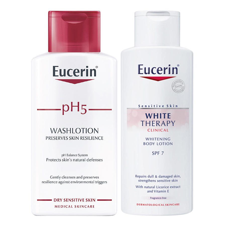 Bộ Sữa Tắm Cho Da Nhạy Cảm Eucerin pH 5 Washlotion Có Mùi (200ml) Và Sữa Dưỡng Thể Làm Sáng Da Eucerin White Therapy Body Lotion SPF 7 (250ml)