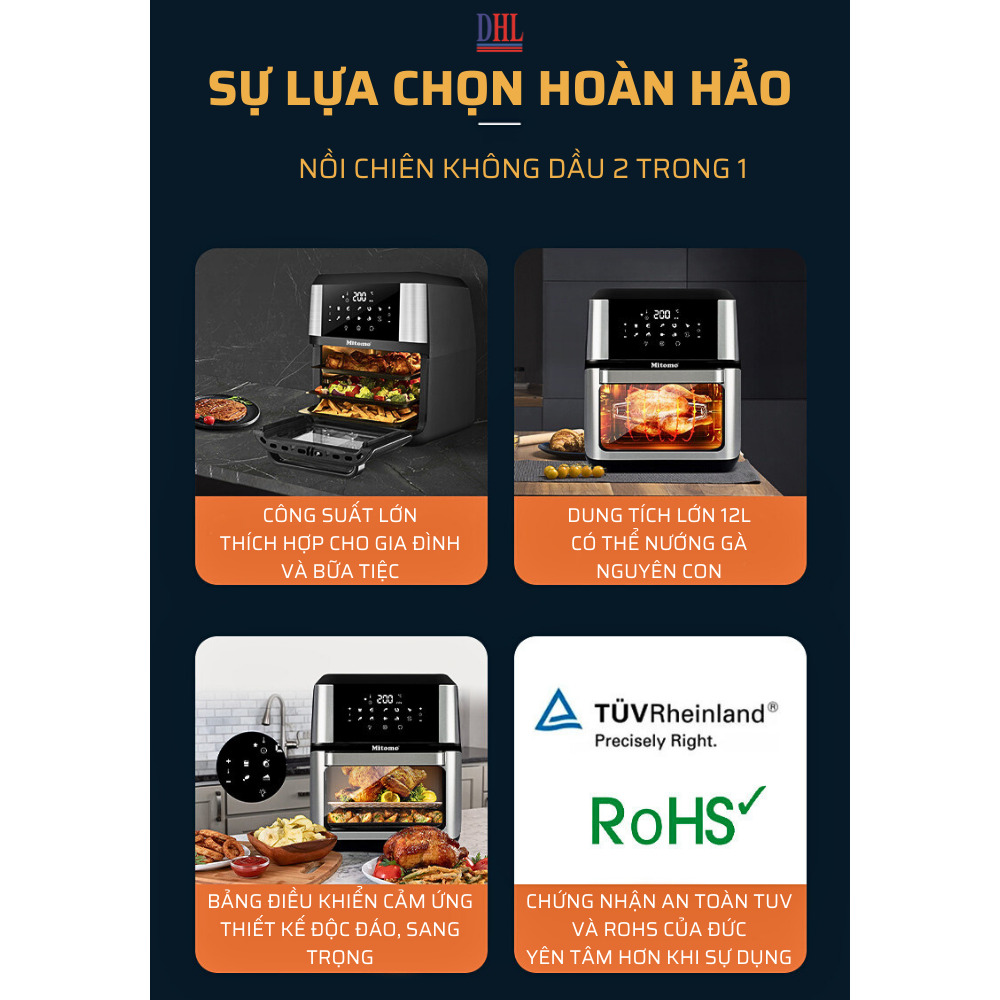 Nồi chiên không dầu Mitomo MTD-12LA, dung tích 12L công suất 1700W - Hàng chính hãng