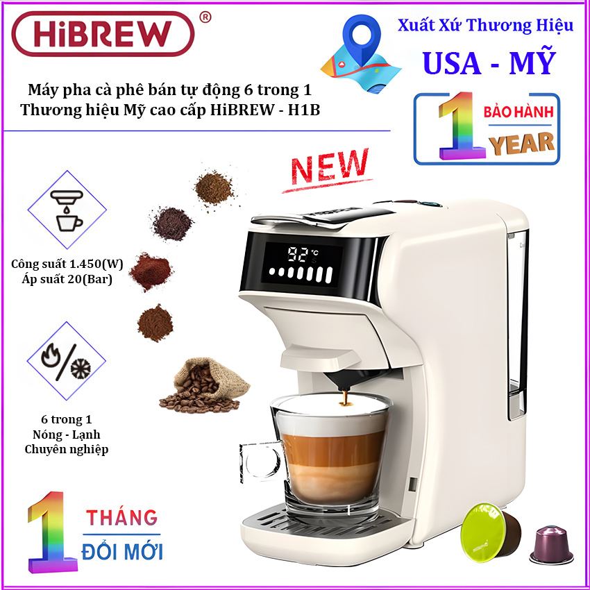 Máy pha cà phê 6 trong 1, Espresso, Viên Nén Nespresso, Ne.scafe Dolcegusto, Kcup, Túi ESE POD và Trà. Thương hiệu Mỹ cao cấp HiBREW - H1B. HÀNG CHÍNH HÃNG