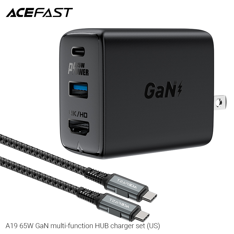 Sạc Acefast GaN 65W cổng USB-C + USB-A + HUB (US) - A19 Hàng chính hãng Acefast