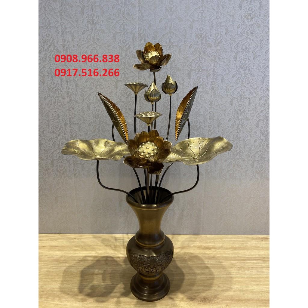 ĐÔI BÌNH hoa sen bằng đồng vàng pha đỏ 10 bông