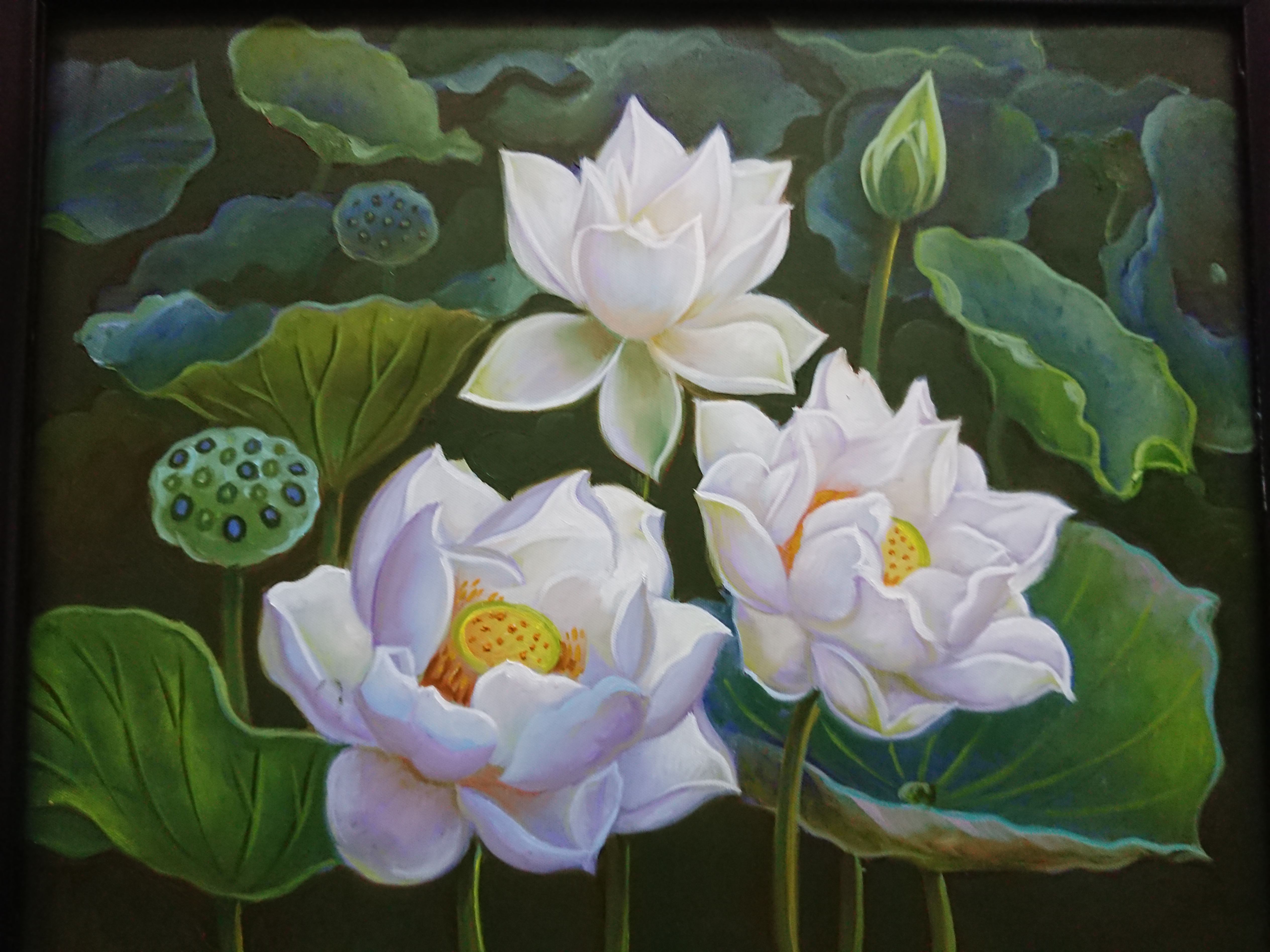 Tranh treo tường - Sơn dầu vẽ tay -Ao Sen 40x50cm