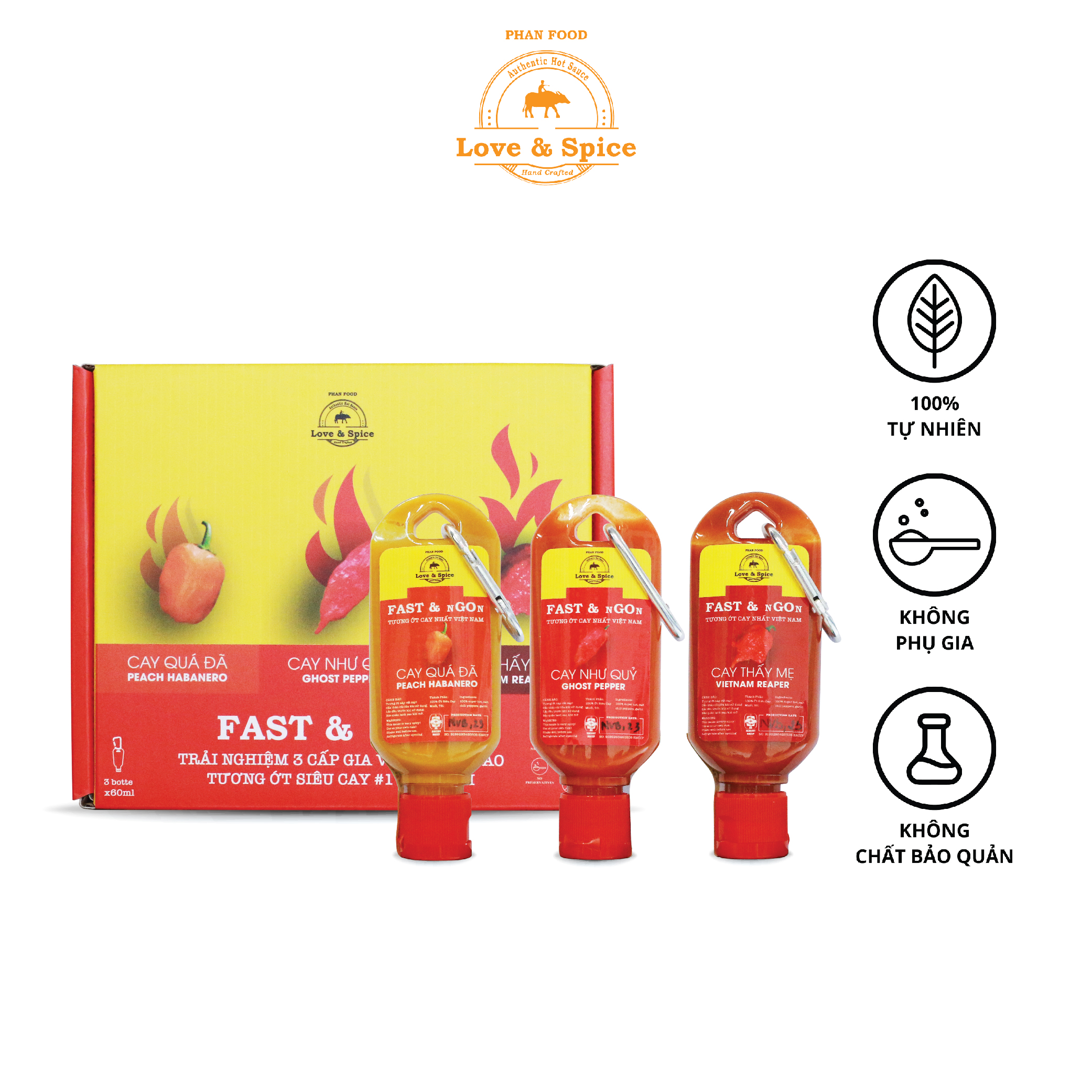 Set 3 chai tương ớt siêu cay Love & Spice ba cấp độ - CAY QUÁ ĐÃ x CAY NHƯ QUỶ x CAY THẤY MẸ chai 60ml x 3