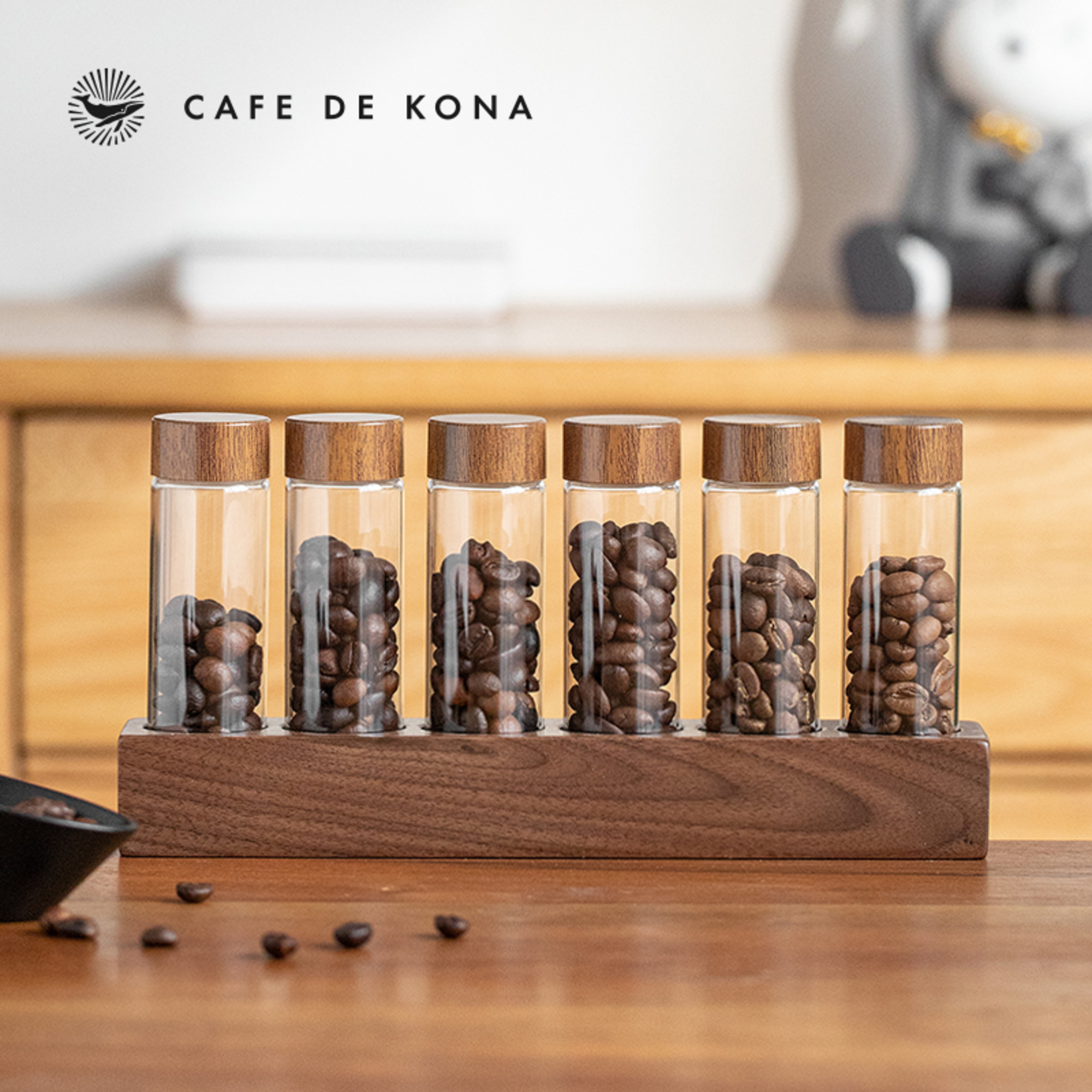 Bộ ống thủy tinh khung gỗ óc chó đựng cà phê CAFEDE KONA