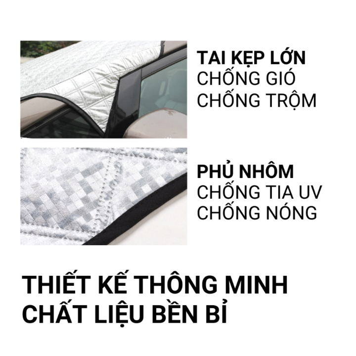 Tấm bạt chắn nắng kính lái xe ô tô. Loại cao cấp 4 lớp A551 thiết kế thêm 2 tai chụp bảo vệ gương chiếu hậu