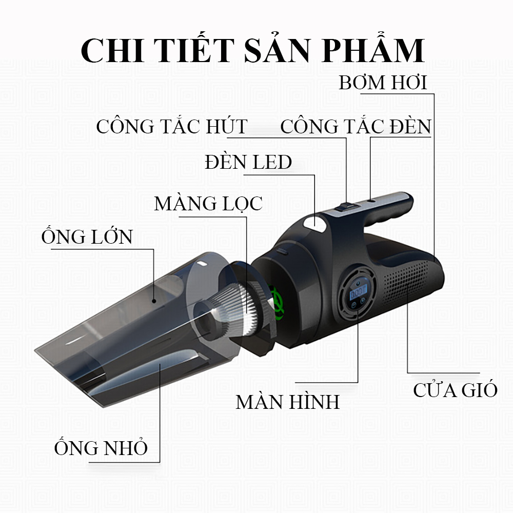 Máy hút bụi cầm tay đa năng giúp bạn dọn dẹp gia đình, vệ sinh ô tô dễ dàng tiết kiệm thời gian. Máy hút bụi đa năng 4 trong 1, hút bụi, bơm hơi lốp xe ô tô, kiểm tra áp suất lốp kèm đèn pin tiện ích.