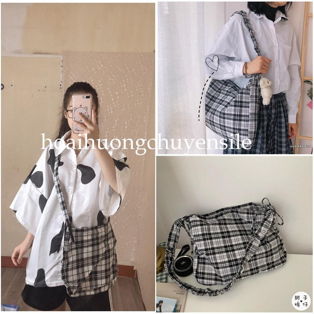 Túi vải đeo chéo caro canvas
