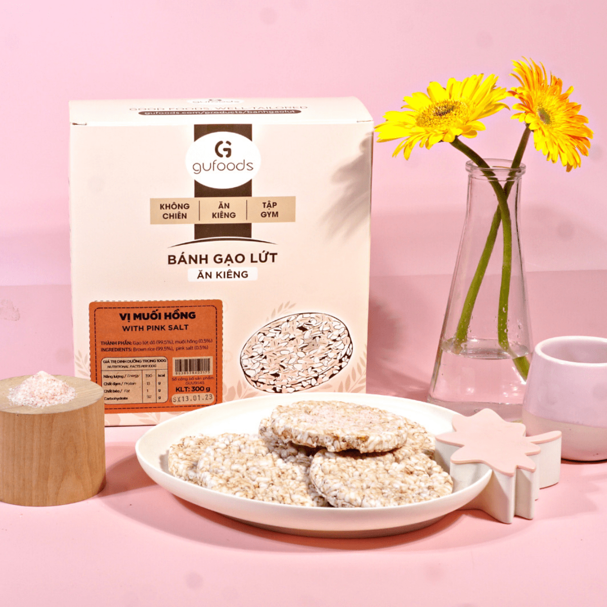 Bánh gạo lứt GUfoods vị Muối hồng -  Không chiên dầu, Không đường, Lành mạnh, Phù hợp Eat clean, Ăn vặt healthy, Thực dưỡng, Tập gym, Thuần chay