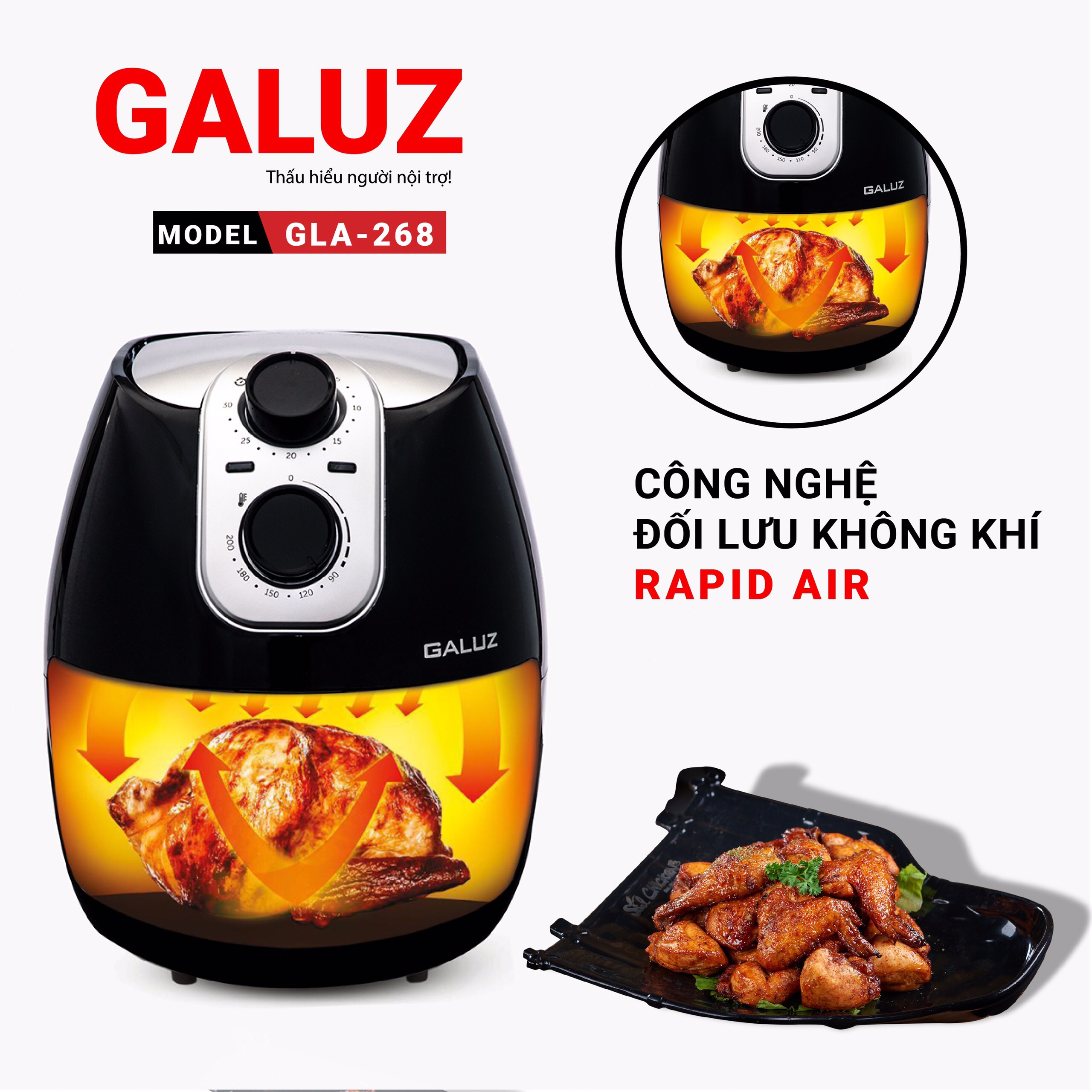 Nồi chiên không dầu Galuz GLA 268, dung tích 4 lít, công nghệ Rapid Air, hàng chính hãng