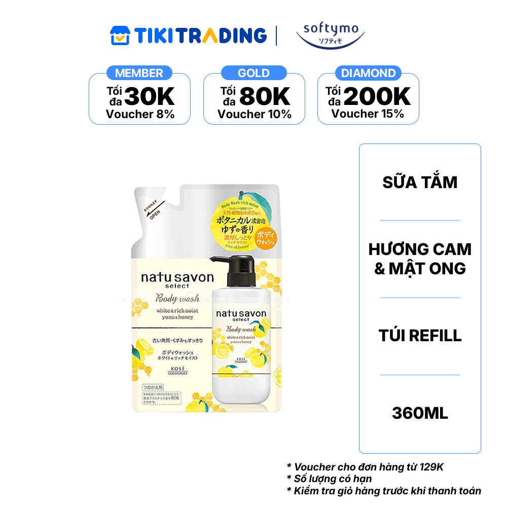 Sữa tắm tạo bọt dưỡng trắng và làm mềm mịn da SOFTYMO NATU SAVON hương cam yuzu &amp; mật ong gói refill (360 ml/túi)