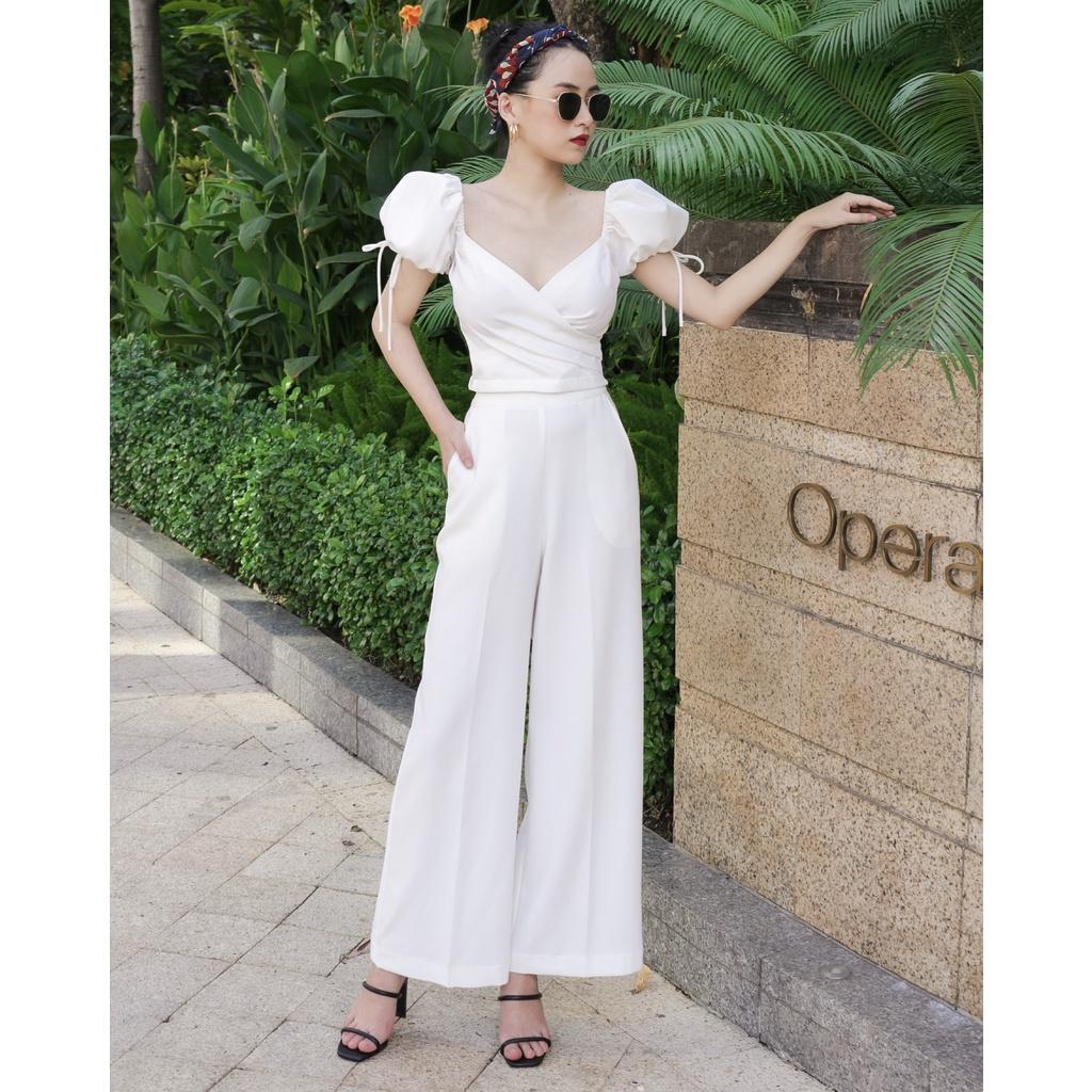 KIOBI – Quần dài Long Pants form suông cơ bản,lưng cao,ống loe,có túi, nhún thun sau eo, vải cotton bố trắng - KIQ19111T