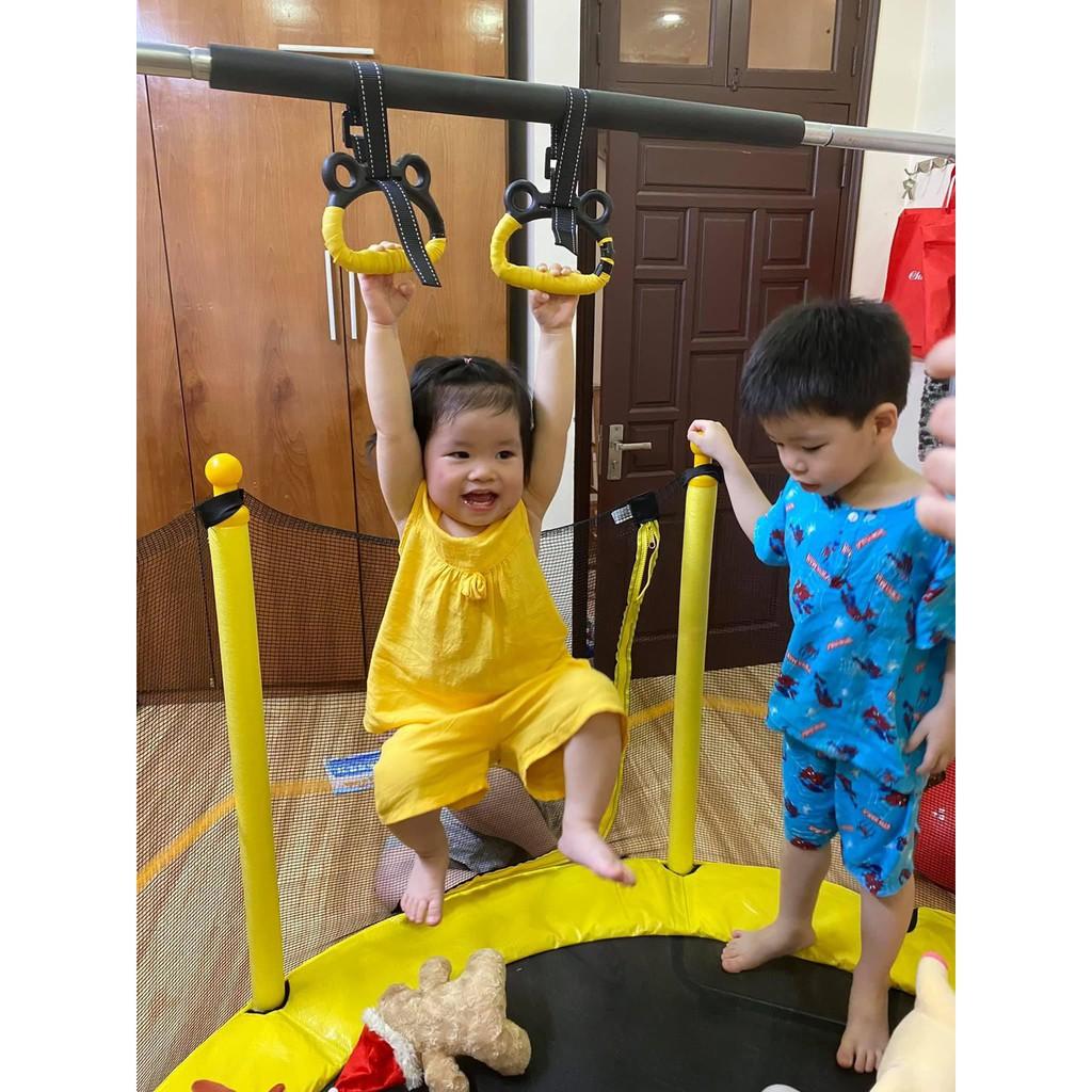 Nhà nhún nhảy cho bé Trampoline Hopkids, bạt nhún quây bóng có xà đơn vận động tăng chiều cao tải trọng 250kg