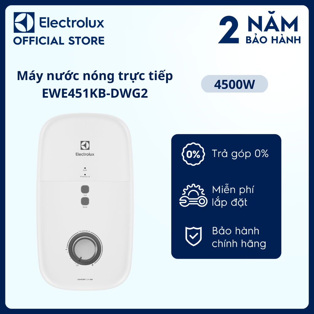 Máy nước nóng trực tiếp electrolux ComfortFlow™ 500 4.5kW - EWE451KB-DWG2 -  Nhiệt độ nước luôn ổn định gấp 2 lần, vòi sen 5 chế độ phun [Hàng chính hãng]