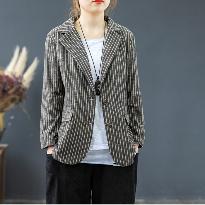 Áo Brazer nữ dáng suông 1 lớp ArcticHunter, chất vải linen mềm mịn, thời trang phong cách Nhật Bản - Xám sọc trắng