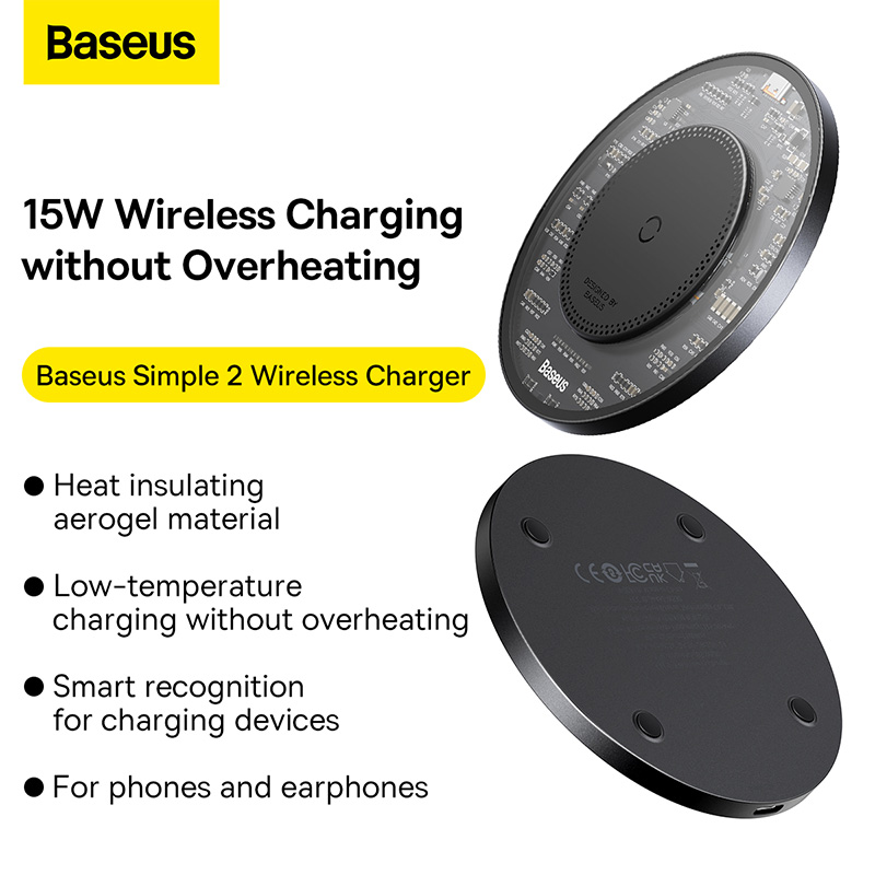 Đế Sạc Không Dây Baseus Simple 2 Wireless Charger 15W (Kèm cáp C to C 24W 1m) (Hàng chính hãng)