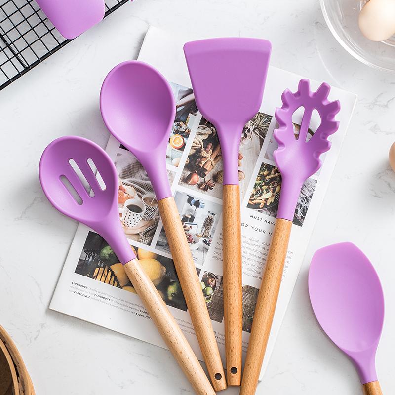 Mới Màu Tím Lưu Trữ Xô Silicone Bộ Đồ Dùng Nhà Bếp Tay Cầm Bằng Gỗ Không Dính Thìa Đũa Dụng Cụ Nhà Bếp Nấu Ăn Dụng Cụ Hộ Gia Đình