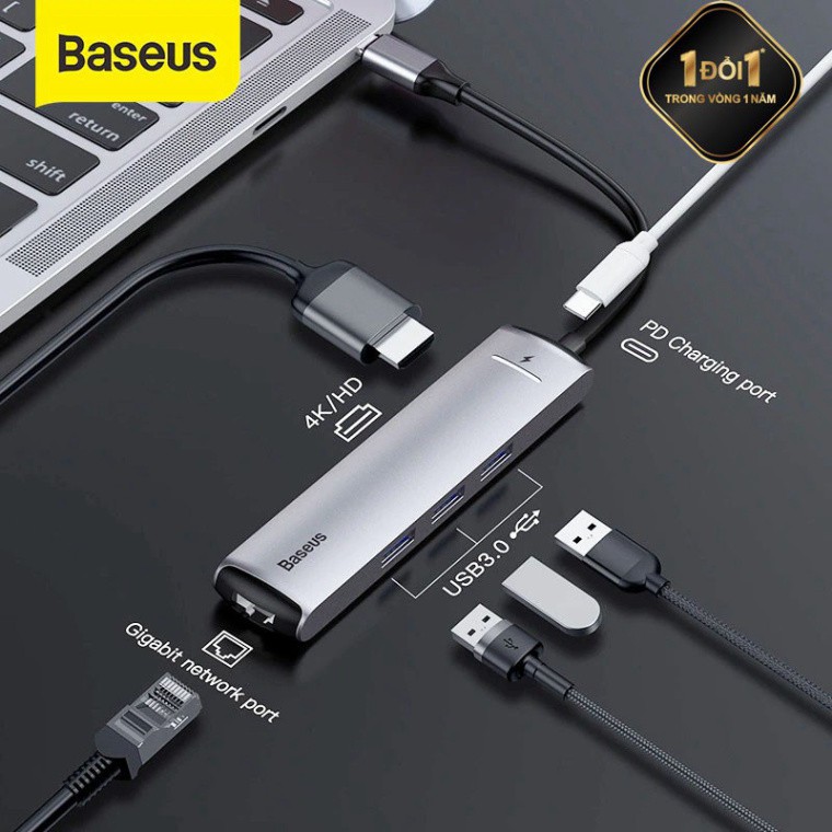 Hub chuyển Type-C  6 in 1 Smart Hub cho Smartphone/ Laptop/ Macbook (3xUSB 3.0, HDMI 4K, LAN, PD) - Hàng Chính Hãng Baseus