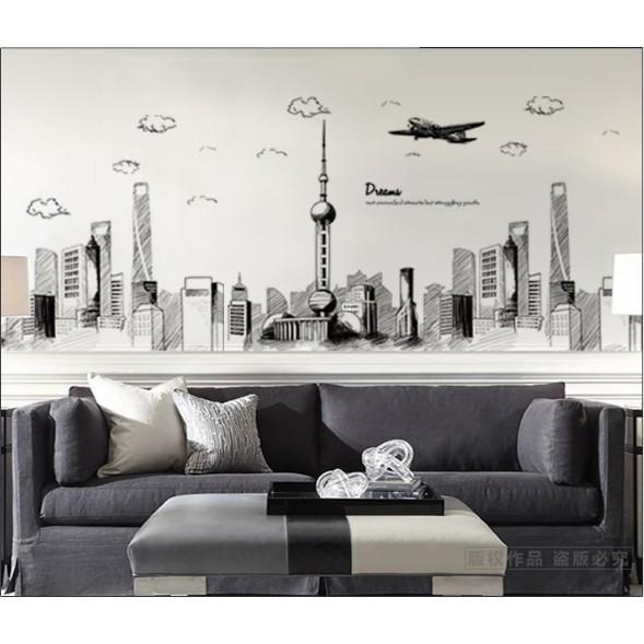 Decal trang trí tường - Thành Phố Tranh Vẽ Đen Trắng size lớn