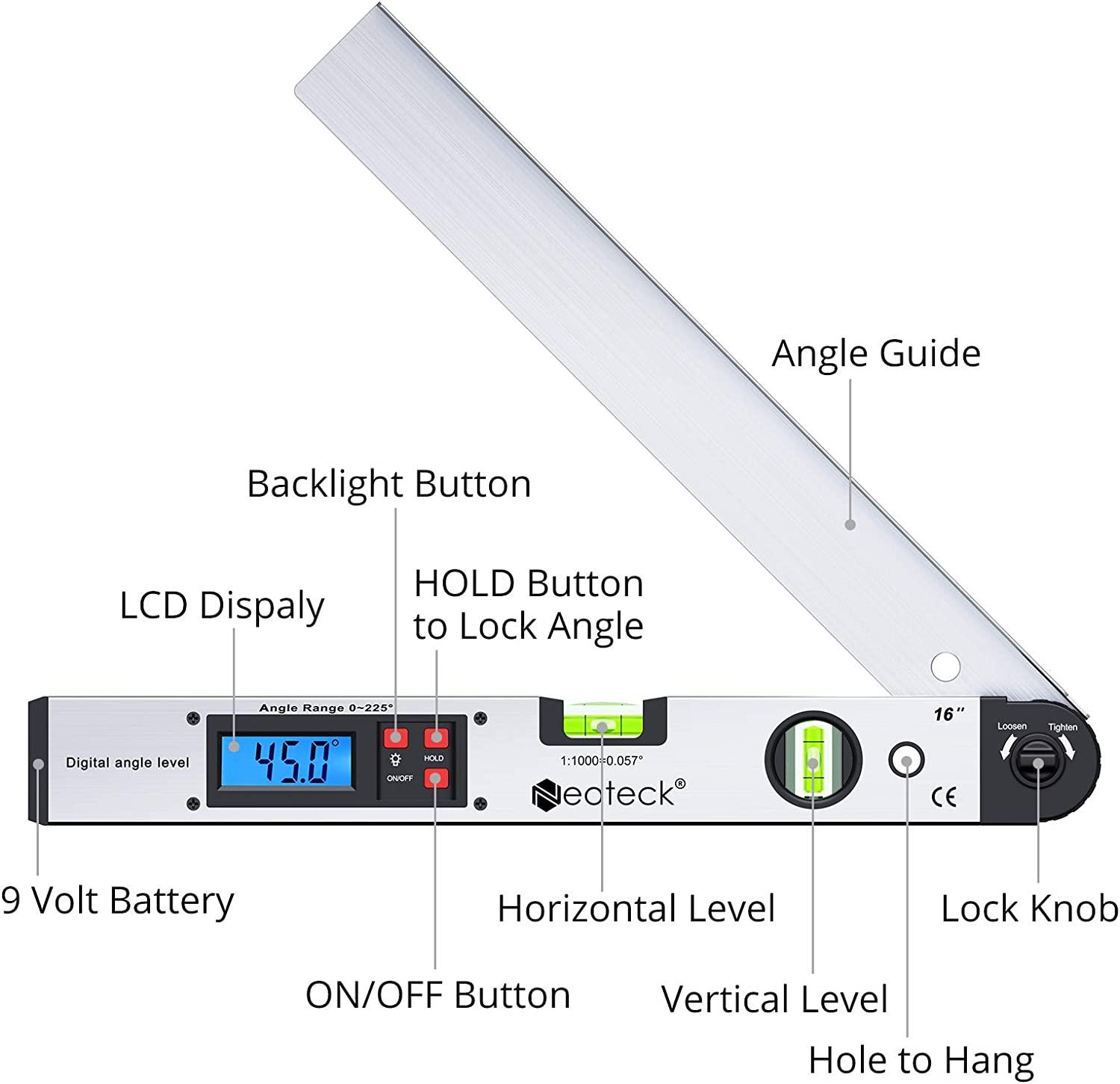 Máy tìm góc kỹ thuật số 400mm / 16 inch 0~225° Thước đo góc ngang kỹ thuật số Thước đo mức đèn nền LCD có hộp đựng di động để tái cấu trúc công việc công nghiệp