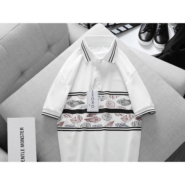 Áo polo nam thời trang FASHION EKING CLOTHING x HOKO thiết kế phối màu trắng sọc hoa văn - chất liệu Poli Cá Sấu Xịn Sò