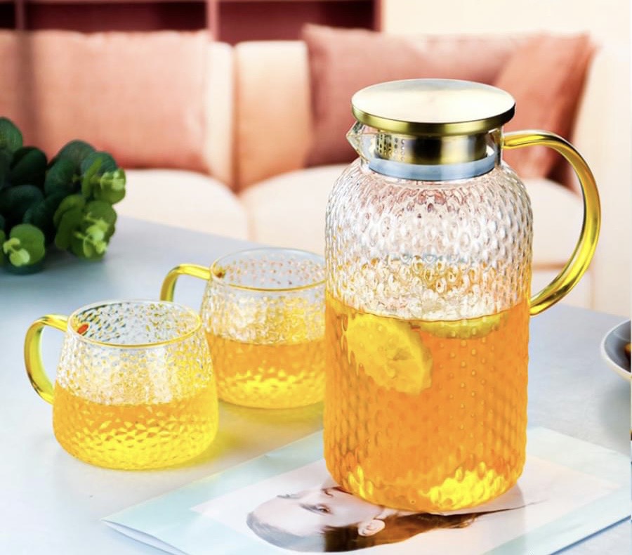 Bình thủy tinh đựng nước vân nhám chịu nhiệt lên tới 400 độ C dáng tròn cao nắp inox 2L- ANTH235