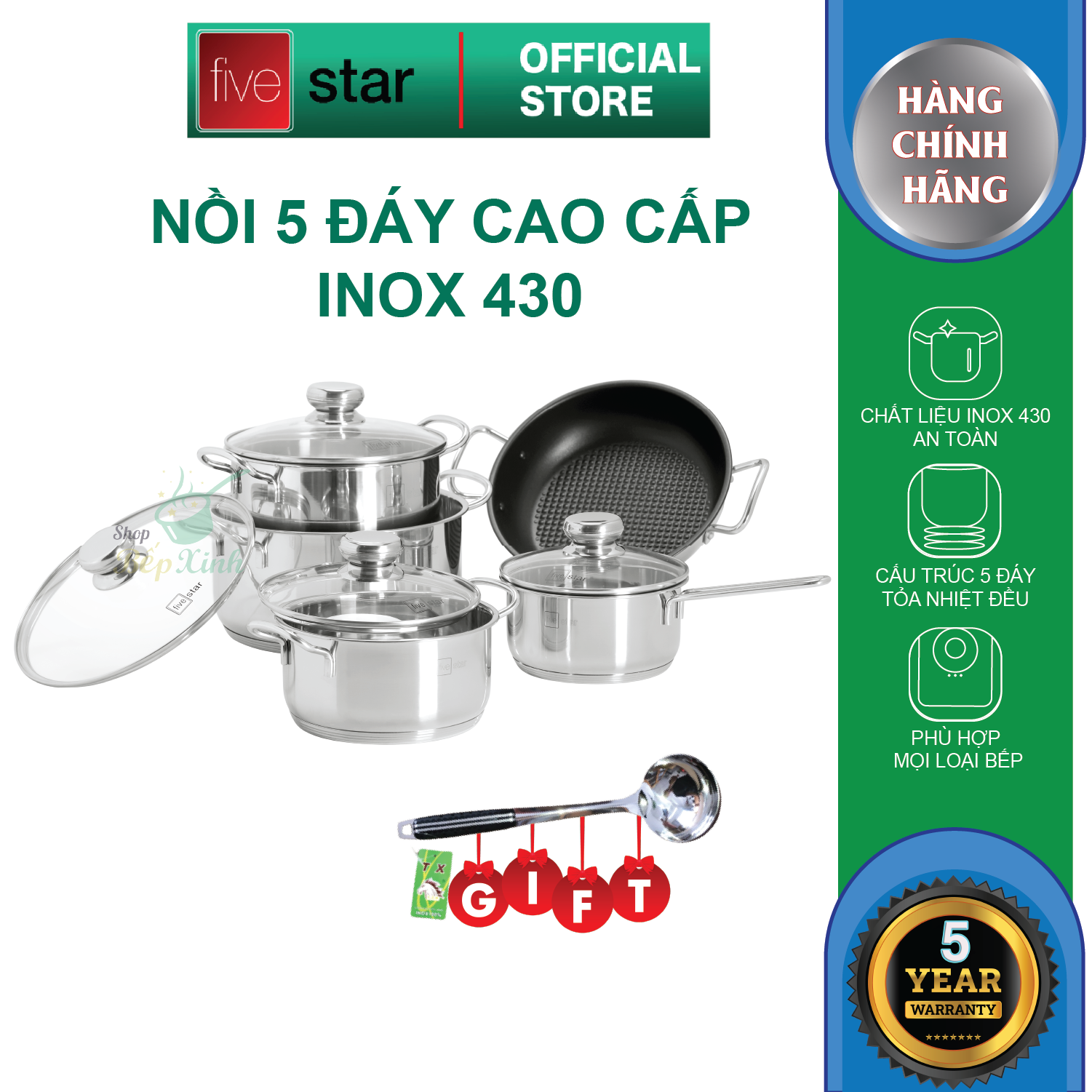 Bộ Nồi 5 Đáy Cao Cấp Bếp Từ Fivestar FSB55D001 Nắp Kính Inox 430 , tặng 1 vá canh