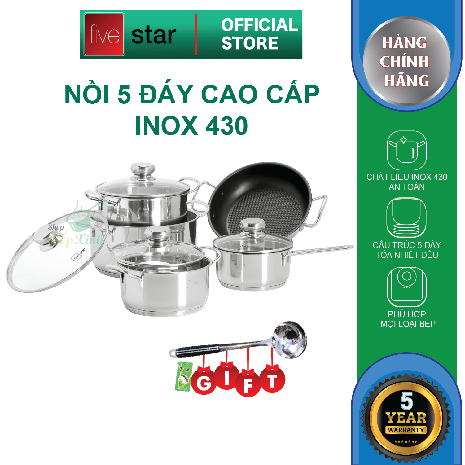 Bộ Nồi 5 Đáy Cao Cấp Bếp Từ Fivestar FSB55D001 Nắp Kính Inox 430 ( 1 quánh16cm x N18cm x N20cm x N24cm x C 24cm ) , tặng 1 vá canh