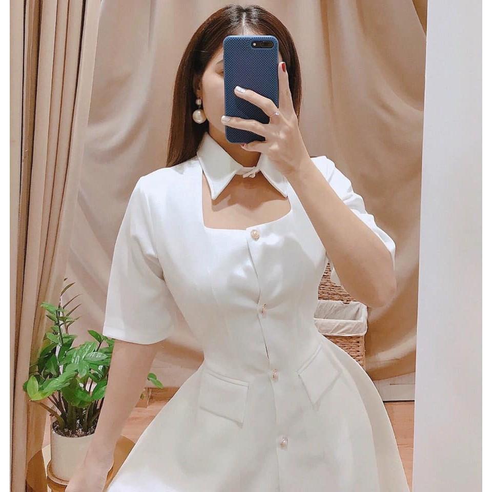 ĐẦM TRẮNG MG CỔ SƠ MI PHỐI NÚT DÁNG XÒE