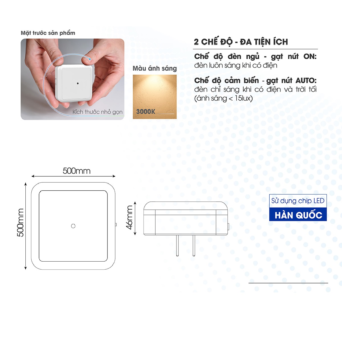 Đèn ngủ cảm biến Rạng Đông Model: ĐN02.LS 65x65/0.3W - Hàng chính hãng