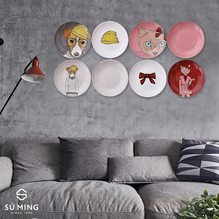 Bộ 4 Đĩa Sứ Decor Treo Tường Mèo Hồng, Trang Trí Nhà Cửa, Bàn Ăn