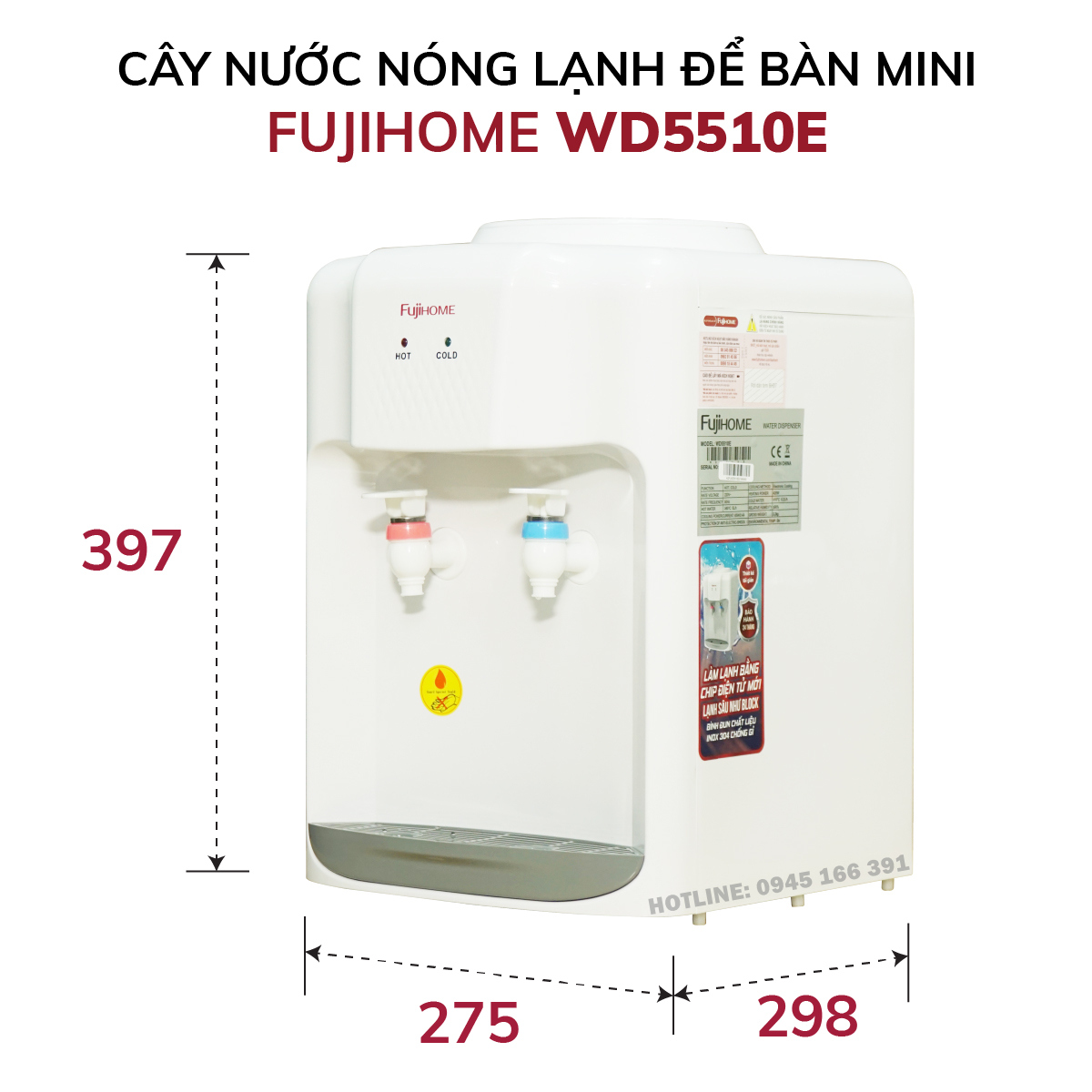 Cây nước nóng lạnh để bàn Nhật Bản Fujihome WD5510E tiết kiệm điện, bình lọc tủ máy lọc nước nóng lạnh mini- Hàng Nhập Khẩu