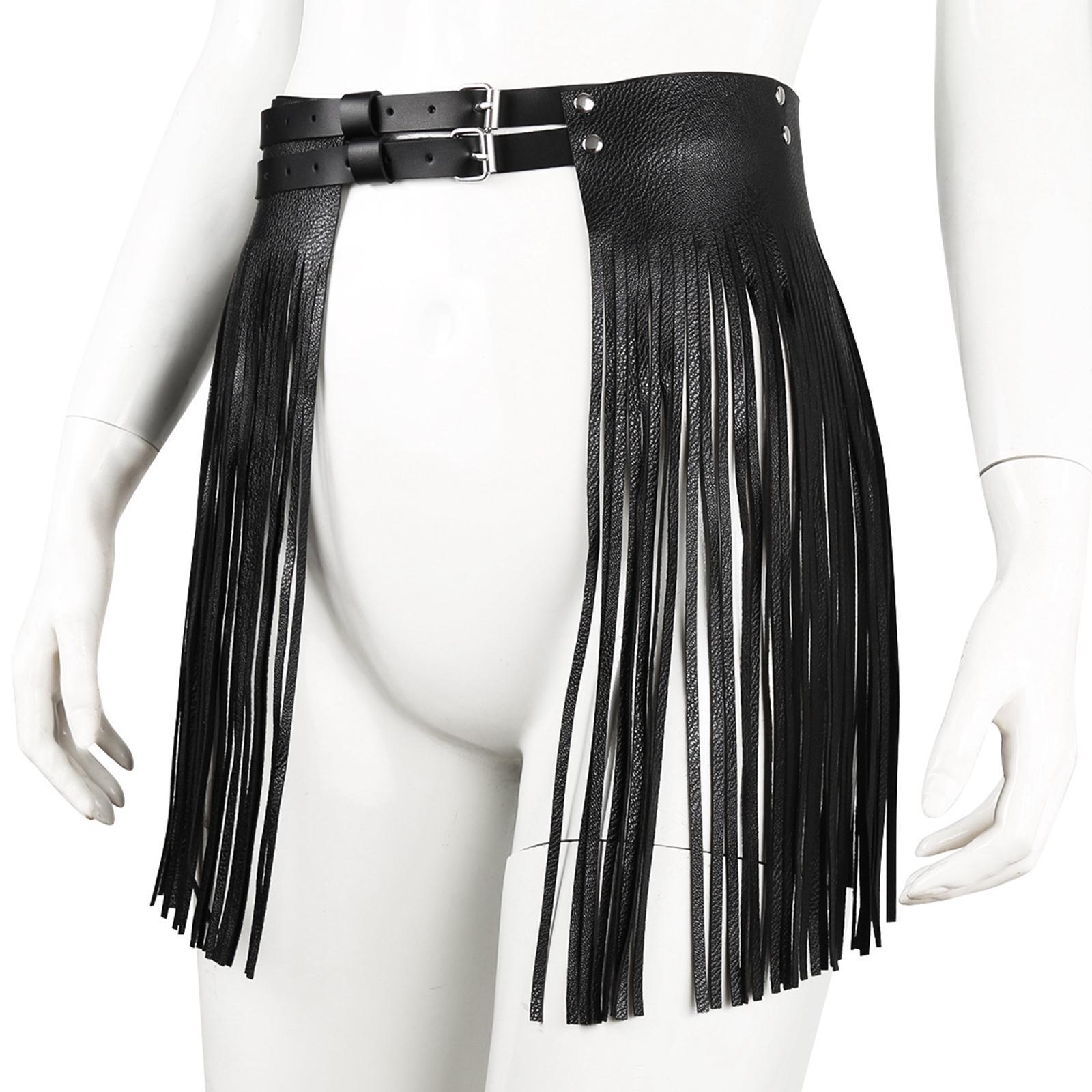 Women Punk Gothic Faux Leather Fringe Tassel Skirt Belt Clubwear Dance Dress