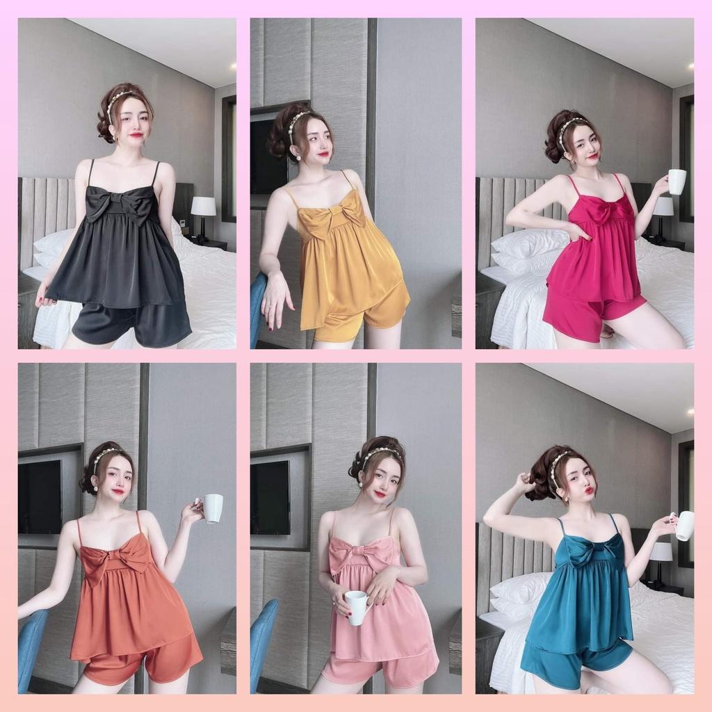 Đồ ngủ sexy, đồ ngủ hai dây, đồ bộ nữ mặc nhà satin nơ lớn mềm mịn mát dưới 55kg