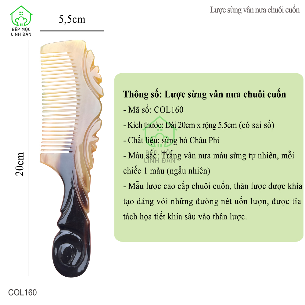 Lược Sừng Vân Nưa Chuôi Cuốn (Size: XL-20cm) Họa Tiết Uốn Lượn Sắc Sảo [COL160]