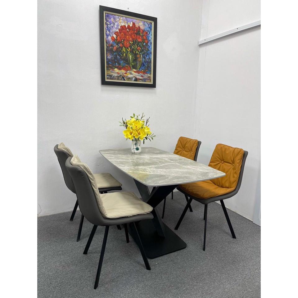 Bộ bàn ăn chân X 1m4 + 4 ghế Eyes mặt đá ceramic Thương hiệu Nội Thất Bình Long