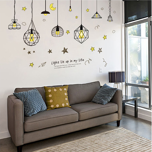 Decal dán tường Chùm đèn sao vàng và Hươu xanh - Hp554