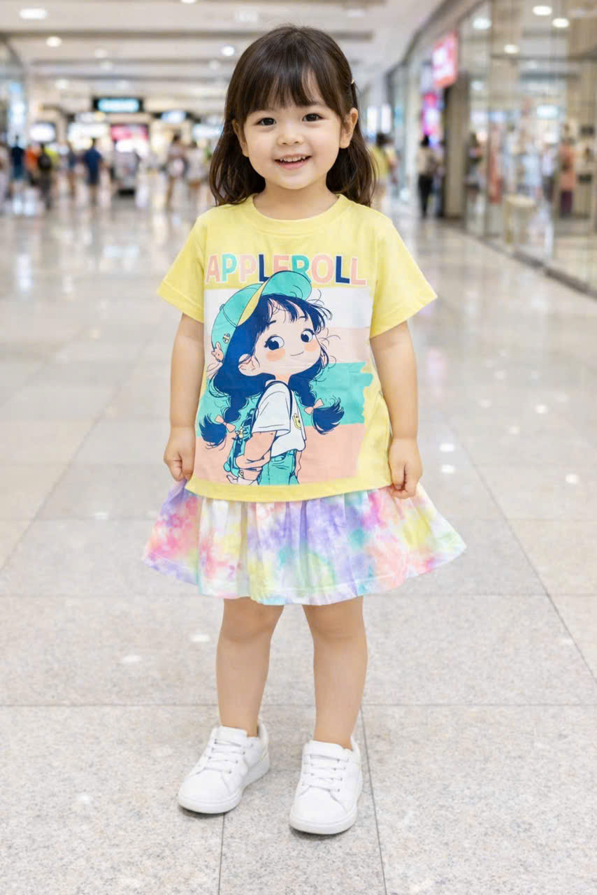 Đồ bộ bé gái, Bộ quần giả váy cho bé gái labubu gấu dâu capybara kuromi từ 10-38kg chất cotton hàng xuất mềm mịn mát