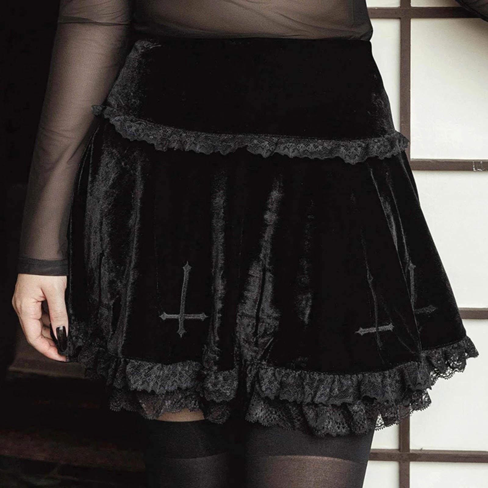 Cute Pleated Skirt A Line Lace Trim Comfortable Punk Dark Women Short Skirts for Girl
