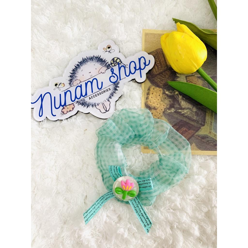 Cột tóc crunchies vải von lụa caro nơ hoa thời trang - Nunam shop đồ cột tóc đẹp, cute, cao cấp
